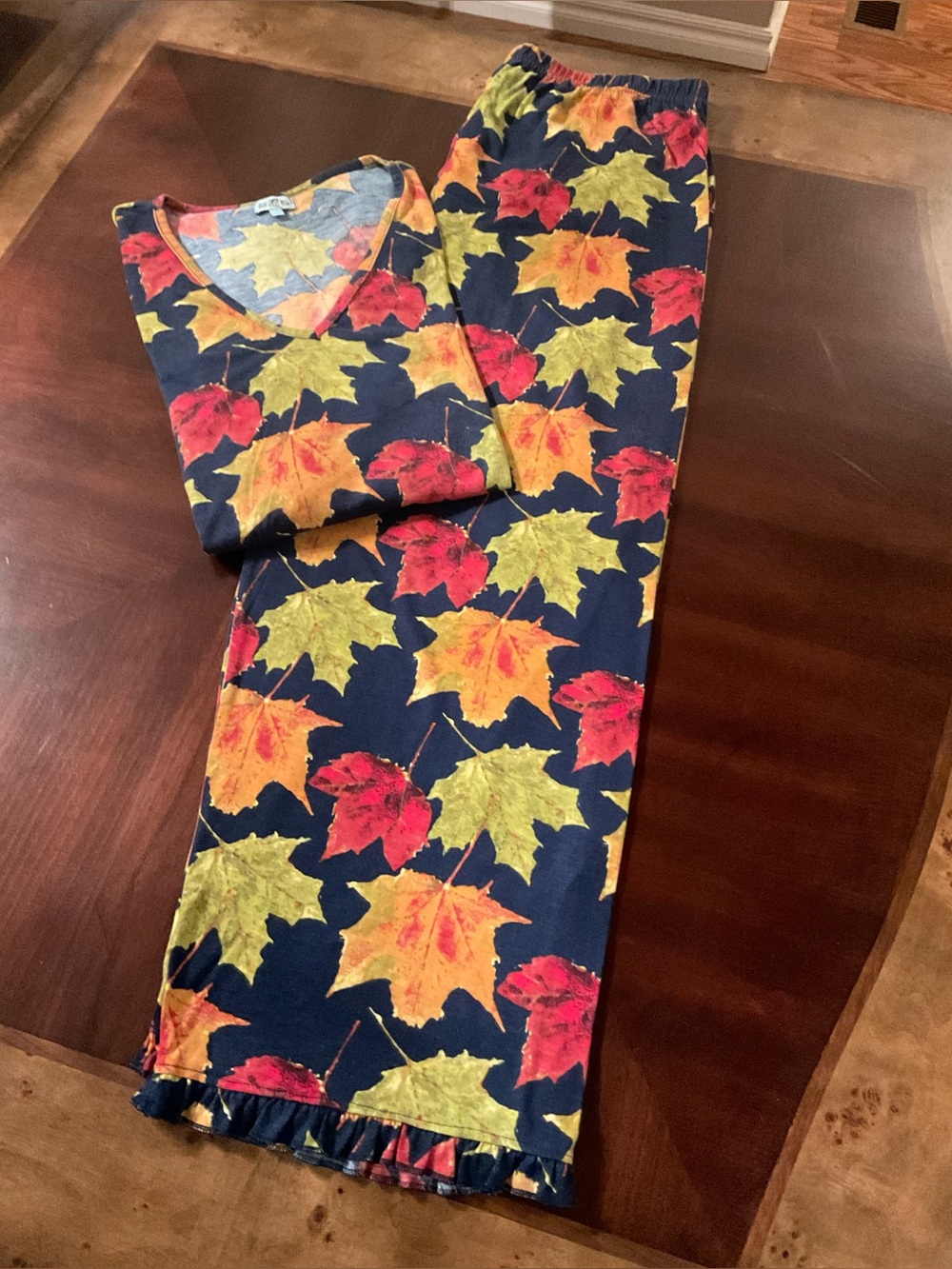 BH PJ’s BedHead Pajamas Fall Maple Leaf Ruffle Trim Cozy 2-Piece Lounge Set